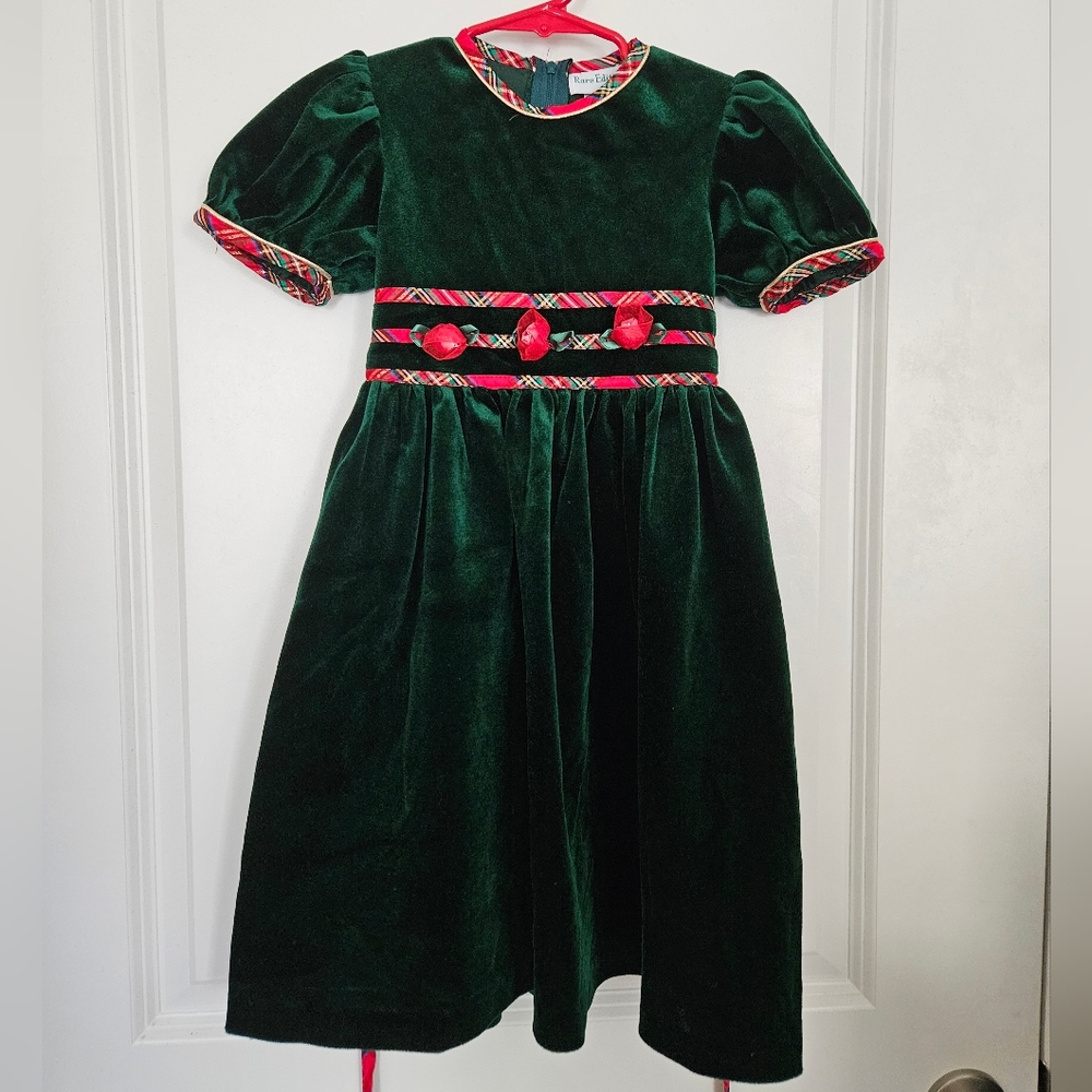 Vintage Rare Editions Green Velvet Dress with Red Plaid Trim - Size 4